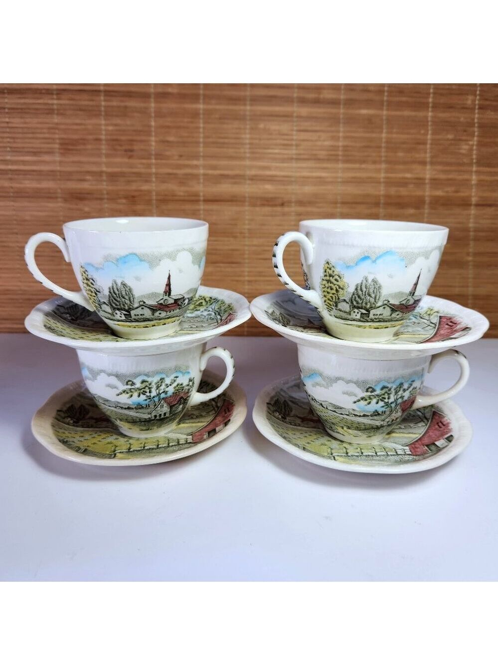 Alfred Meakin Home Pastures Teacup & Saucer Set of 4 • Staffordshire England •